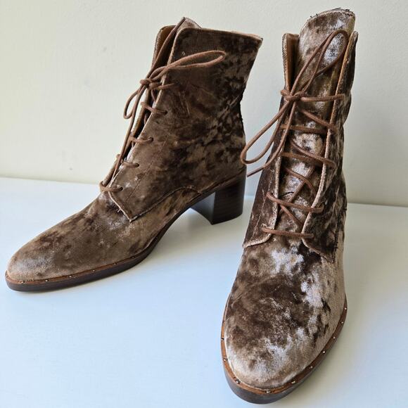 Freda Salvador NEW Ace Crushed Velvet Lace Up Mid Heel Taupe Brown Boots Size 7 - Picture 1 of 13